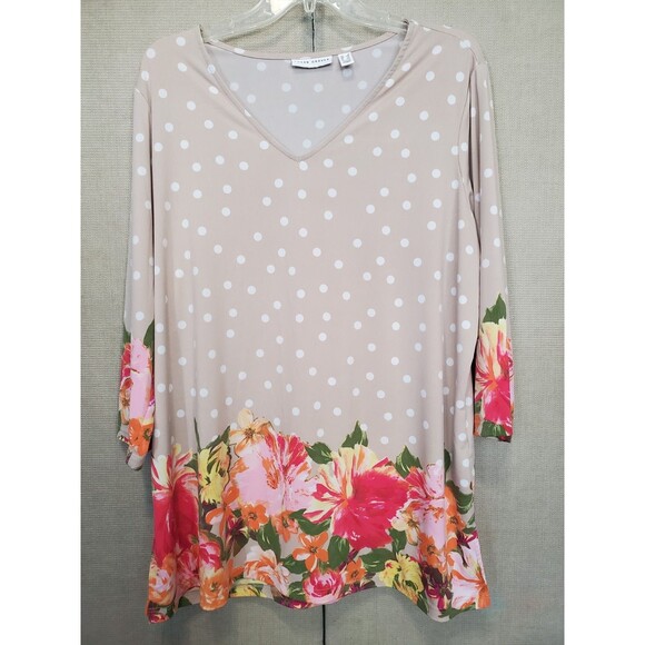 Susan Graver LiquidKnit Tan Polka Dot Floral V-Neck Tunic Size 1X Lagenlook - Picture 1 of 6
